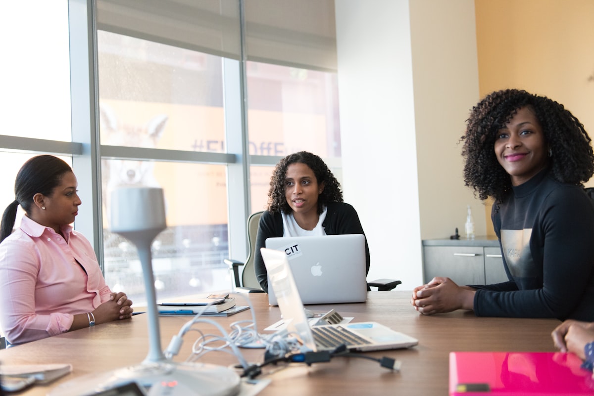 A team collaborating in a bright office
